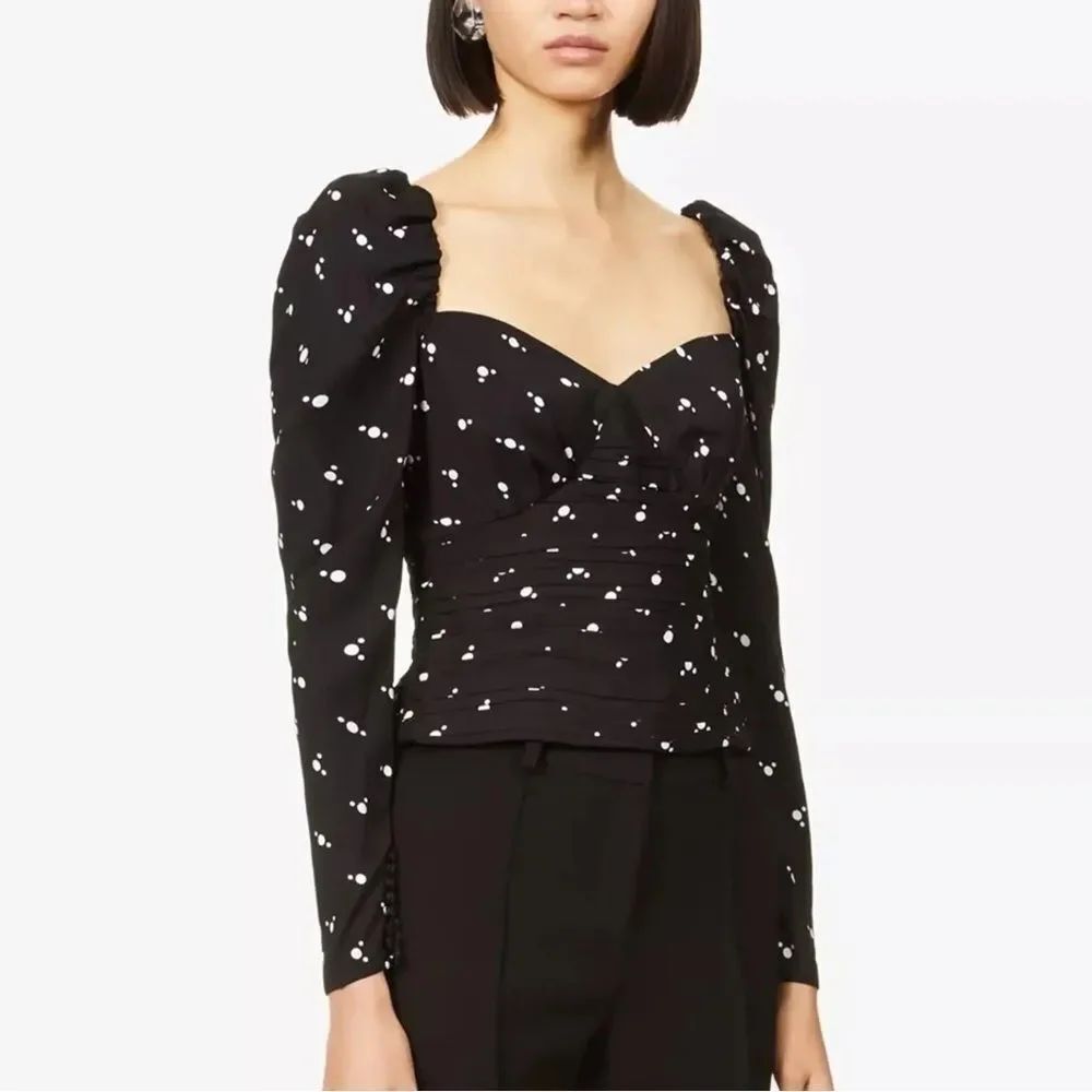 Self-Portrait Black and White Polka Dot Puff Shoulder Long Sleeve Top Size 6